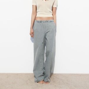 Zara Gray Elastic Waist Drawstring Wide Leg Jogger Jeans Size XL